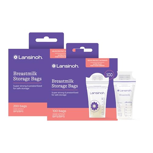 Lansinoh Breastmilk Storage Bags retail boxes (200-count and 100-count boxes) with two printed 6 oz storage bags